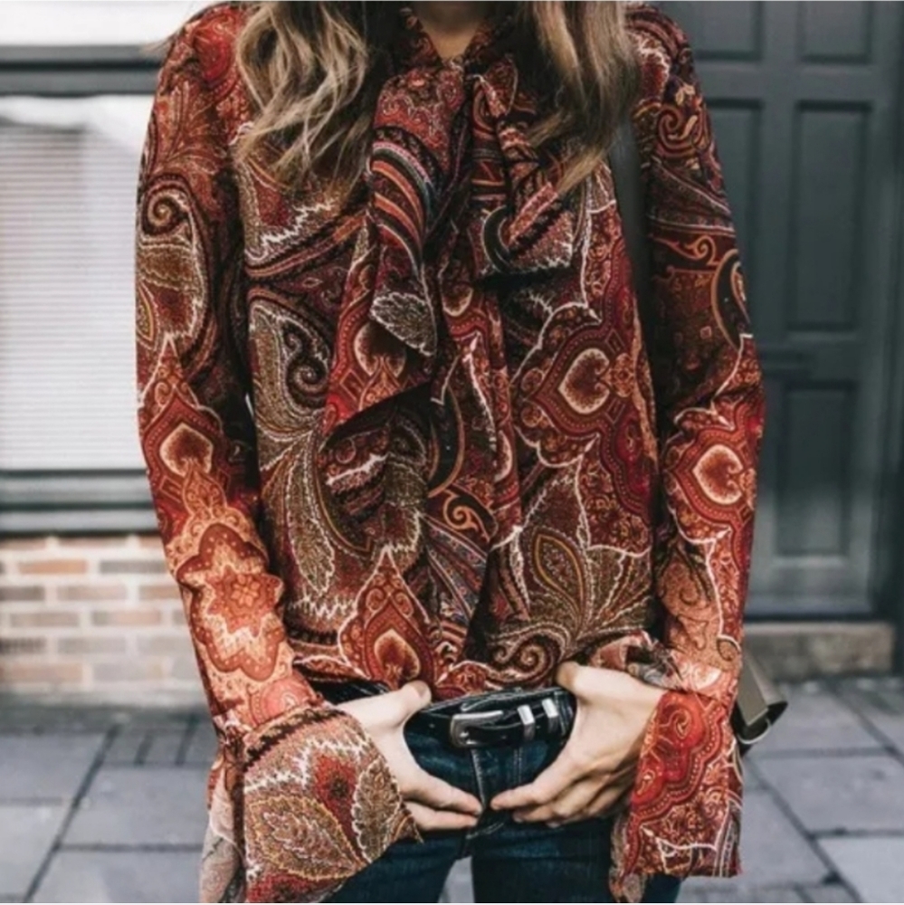 ZARA WOMAN ORANGE PAISLEY PRINTED SCARF NECK BLOUSE SIZE XS